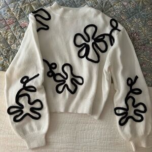 Women's White Sweater with Black Floral Design
